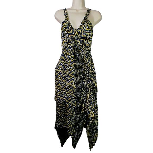 A.L.C. SZ 4 Silk Kendall Ikat Asymmetrical Pleated V-Neck Sleeveless Midi Dress - Picture 4 of 9
